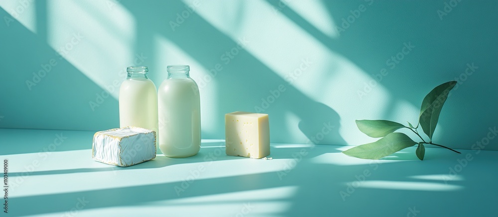 A serene display of dairy products and greenery on a pastel background. A serene display of dairy products and greenery on a pastel background.