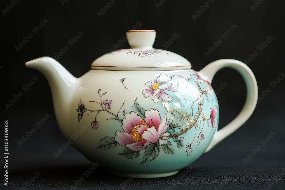 Elegant porcelain teapot adorned with delicate hand-painted cherry blossom designs on a rustic wooden surface Elegant porcelain teapot adorned with delicate hand-painted cherry blossom designs on a rustic wooden surface