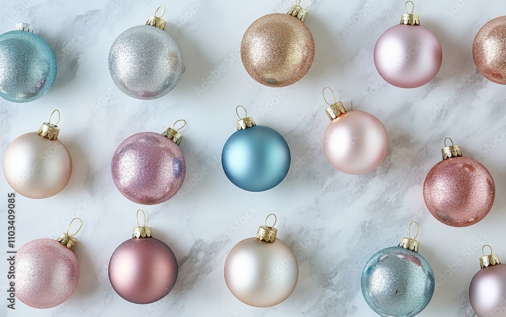 A flat lay of metallic and pastel-colored Christmas ornaments on a marble background with gold accents A flat lay of metallic and pastel-colored Christmas ornaments on a marble background with gold accents
