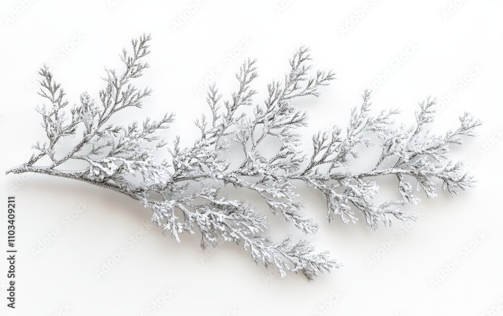 A frosted evergreen branch with intricate ice crystals, photographed in high detail on a white surface A frosted evergreen branch with intricate ice crystals, photographed in high detail on a white surface