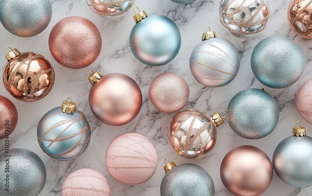 A flat lay of metallic and pastel-colored Christmas ornaments on a marble background with gold accents A flat lay of metallic and pastel-colored Christmas ornaments on a marble background with gold accents