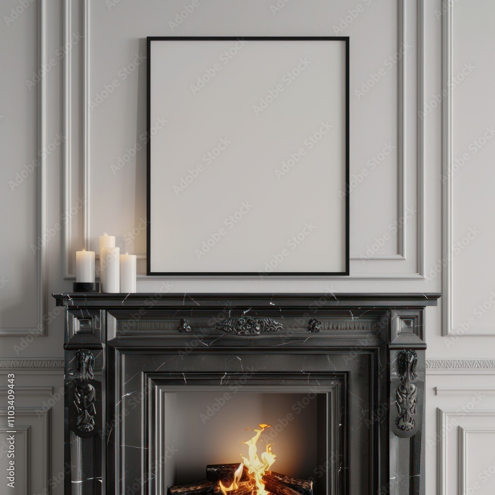 Fototapeta premium Home workplace interior with frame mockup at winter evening time, 3d render