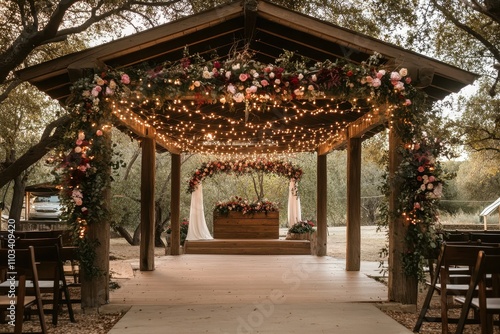 Romantic outdoor wedding setup illuminated by string lights, featuring a floral archway and elegant seating arrangement