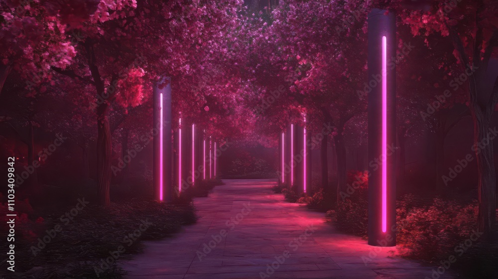 Fototapeta premium A mystical pathway surrounded by pink trees and glowing lights