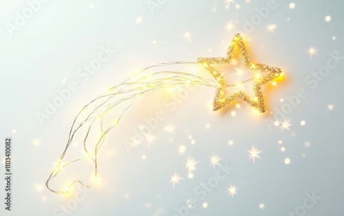 A glowing string of fairy lights forming the shape of a shooting star across a clean white backdrop  photo