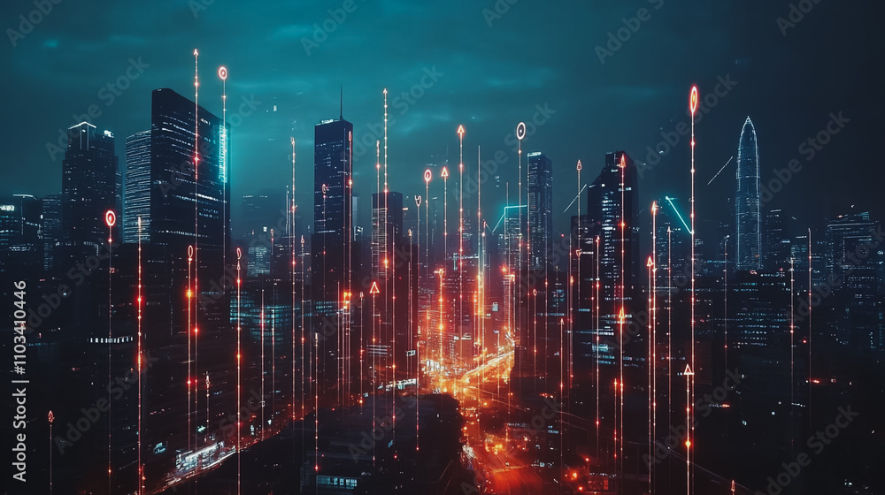 Obraz premium Smart digital city with connection cyber security network reciprocity over the cityscape . future smart wireless digital city and social media networking systems that connects people within the city