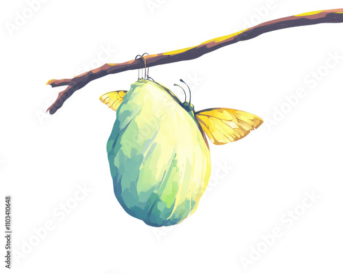 Illustration of a pupa hanging from a branch, isolated on a white background.
