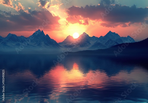 Majestic Sunset Over Serene Mountain Range with Reflective Lake, Colorful Clouds, and Tranquil Scenery in a Dreamlike Atmosphere