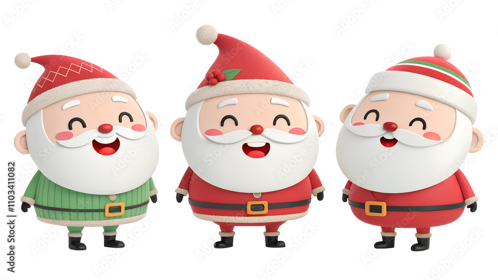 Collection of christmas illustration cute 3D character of funny Santas isolated on transparent or white background Collection of christmas illustration cute 3D character of funny Santas isolated on transparent or white background