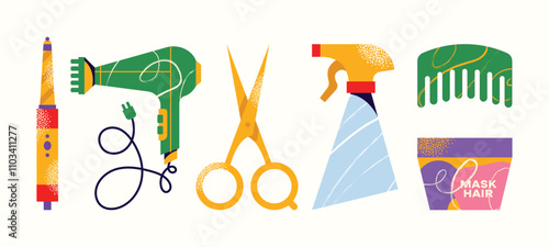 Set cosmetics hair care routine. Beauty care for curly girl method. Hair care bottle styling, cleansing, treatment for kinky hair. Doodle style. Vector illustration isolated on background