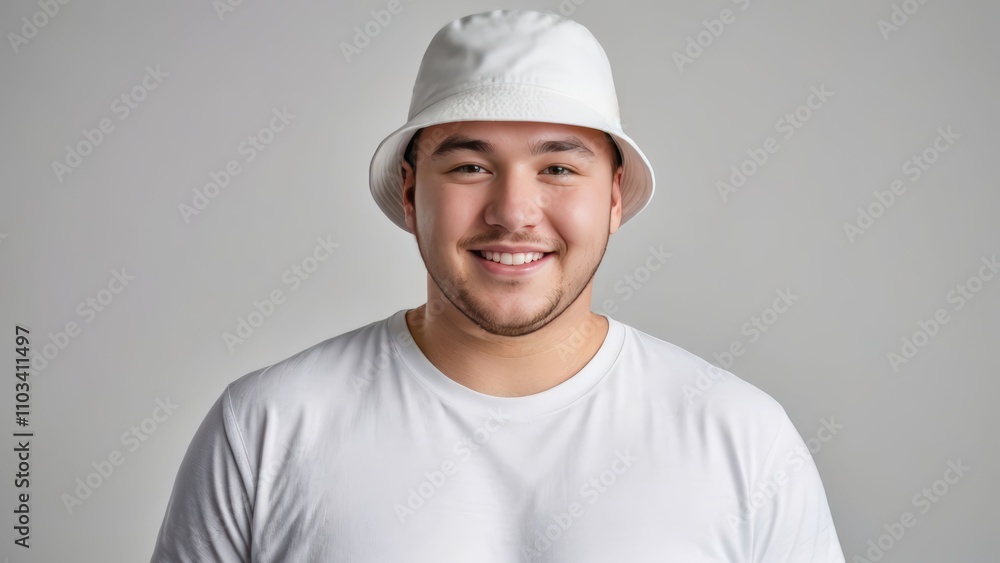 Plus size young man wearing white t-shirt and white bucket hat isolated on grey background Plus size young man wearing white t-shirt and white bucket hat isolated on grey background