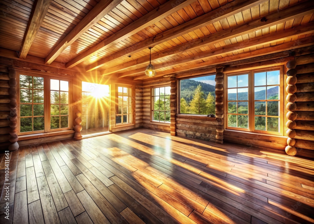 Candid Photography of an Empty Log Cabin Room with Wooden Floor, Natural Light Streaming in, Rustic Decor, Cozy Atmosphere, and Serene Ambiance for Interior Design Inspiration Candid Photography of an Empty Log Cabin Room with Wooden Floor, Natural Light Streaming in, Rustic Decor, Cozy Atmosphere, and Serene Ambiance for Interior Design Inspiration