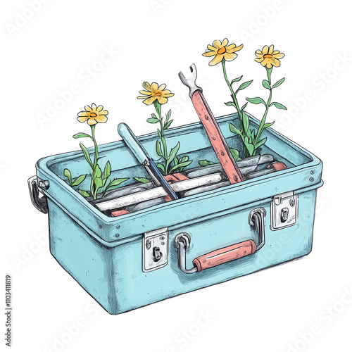 Gardening tools with flowers in a vintage toolbox, white isolate background photo