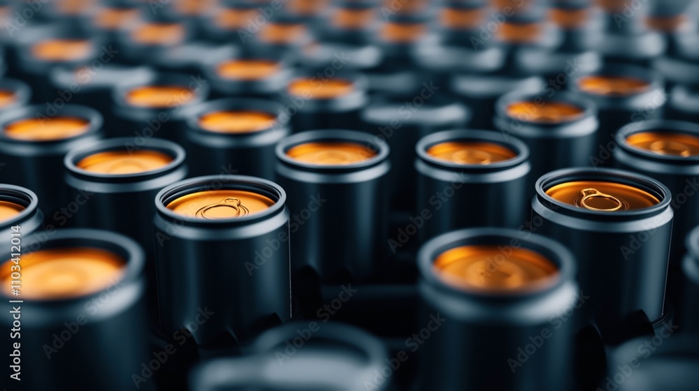 Close-up of multiple aluminum drink cans with vibrant orange tops, arranged in rows, creating a pattern with depth of field effect. Close-up of multiple aluminum drink cans with vibrant orange tops, arranged in rows, creating a pattern with depth of field effect.