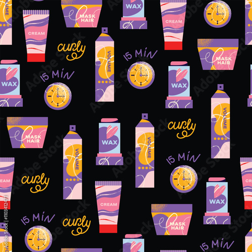 Seamless pattern cosmetics hair care routine. Beauty care for curly girl method. Hair care bottle styling, cleansing, treatment for kinky hair. Doodle style. Vector illustration isolated on background