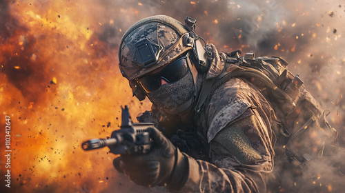 A soldier in tactical gear aims a weapon amidst an explosion, depicting a high-intensity combat scenario. photo