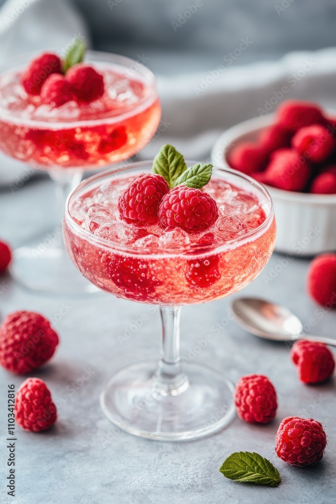 Refreshing Sparkling Raspberry Beverage in Elegant Glass with Fresh Raspberries on Light Gray Background, Perfect for Summer Gatherings and Celebrations Refreshing Sparkling Raspberry Beverage in Elegant Glass with Fresh Raspberries on Light Gray Background, Perfect for Summer Gatherings and Celebrations