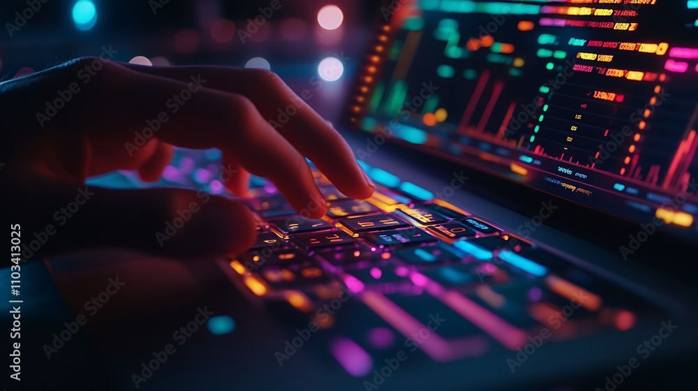 Close-up of fingers interacting with a keyboard, expense tracking spreadsheet with colorful charts and numerical data on a laptop, clean desk setup with ambient light enhancing textures, Close-up of fingers interacting with a keyboard, expense tracking spreadsheet with colorful charts and numerical data on a laptop, clean desk setup with ambient light enhancing textures,