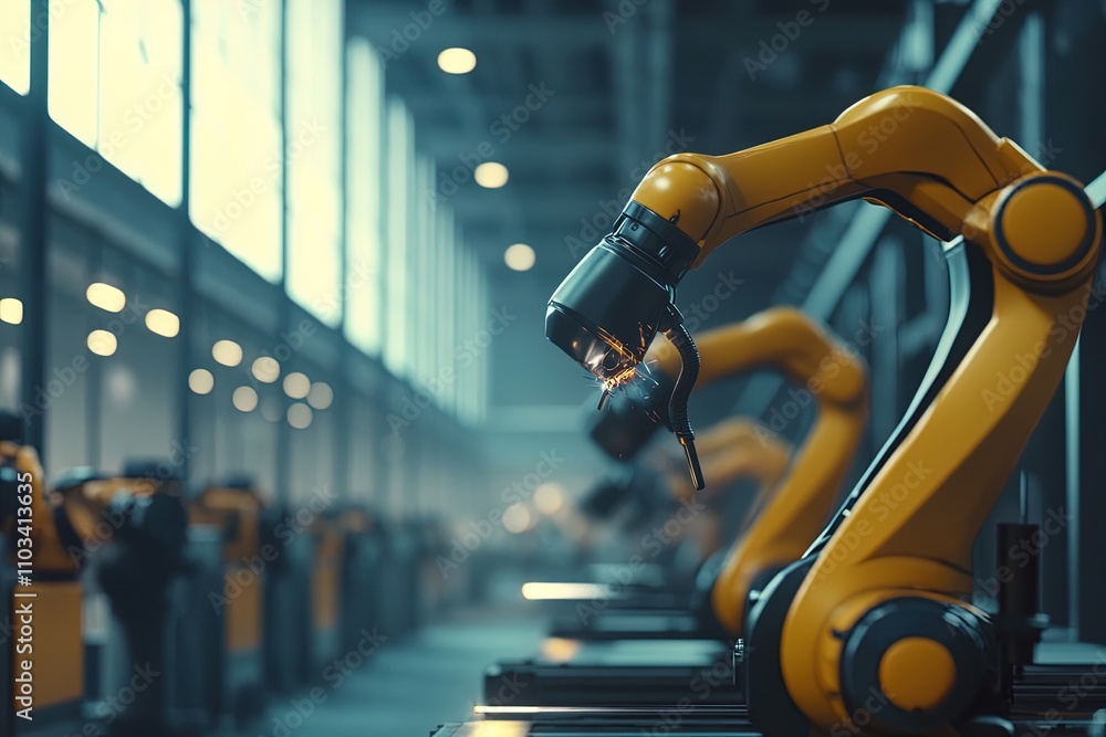 Industrial robots performing automated tasks in a manufacturing facility during daylight hours Industrial robots performing automated tasks in a manufacturing facility during daylight hours