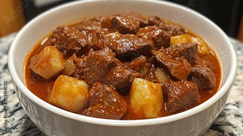 A rich, savory stew featuring tender beef chunks and soft dumplings, served in a flavorful sauce, perfect for a hearty meal.