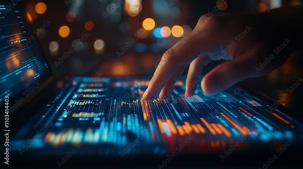 Close-up of fingers using a laptop touchpad to scroll through a vibrant spreadsheet, colorful data grids and charts displayed on a high-resolution screen, Close-up of fingers using a laptop touchpad to scroll through a vibrant spreadsheet, colorful data grids and charts displayed on a high-resolution screen,