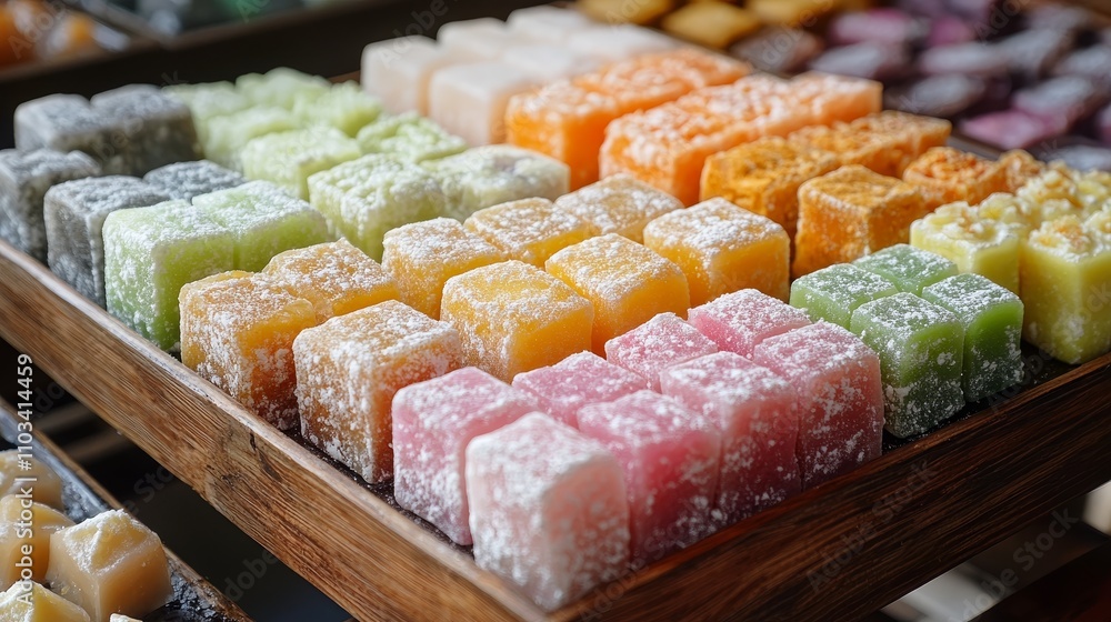 A colorful array of square, gelatinous sweets displayed in rows, showcasing various vibrant flavors and textures. A colorful array of square, gelatinous sweets displayed in rows, showcasing various vibrant flavors and textures.