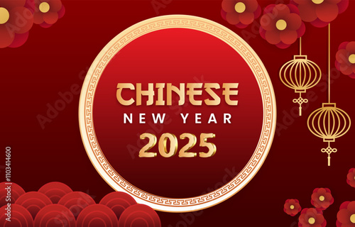 2025 happy chinese new year template banner with modern 3d text effect and beautiful sparkle luxury shiny ornament abstract gradient red background design 02