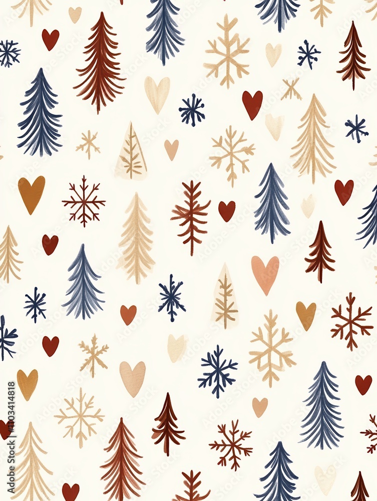 Nordic Christmas Design with Trees and Hearts Background Nordic Christmas Design with Trees and Hearts Background