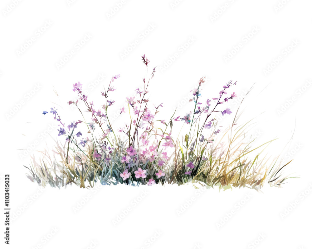 Naklejka premium Colorful wildflowers and grass isolated on a white background.