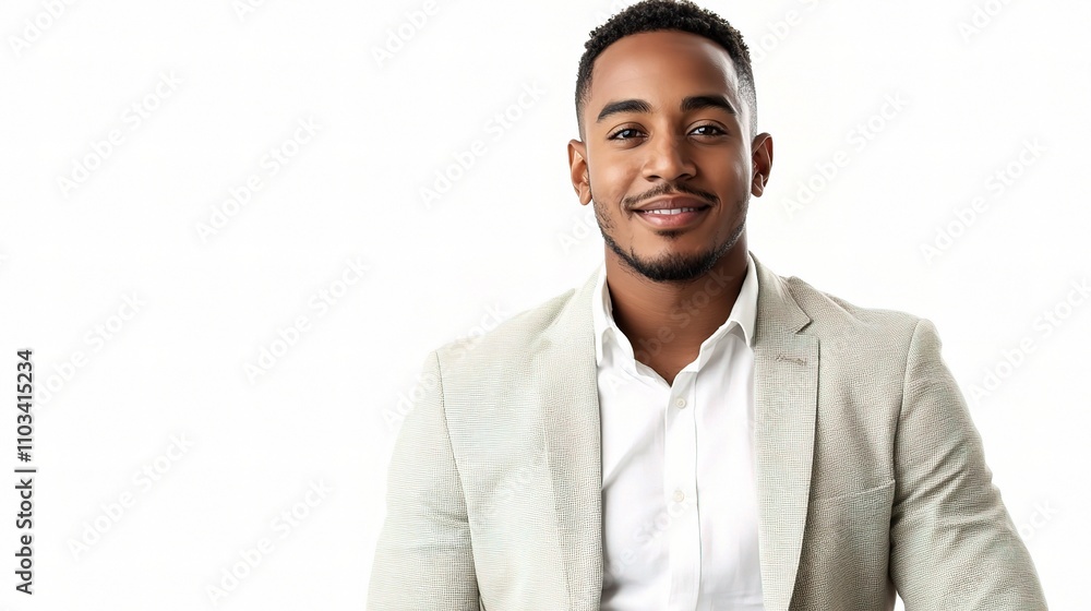 Confident Young Man in Light Suit Against White Background Confident Young Man in Light Suit Against White Background