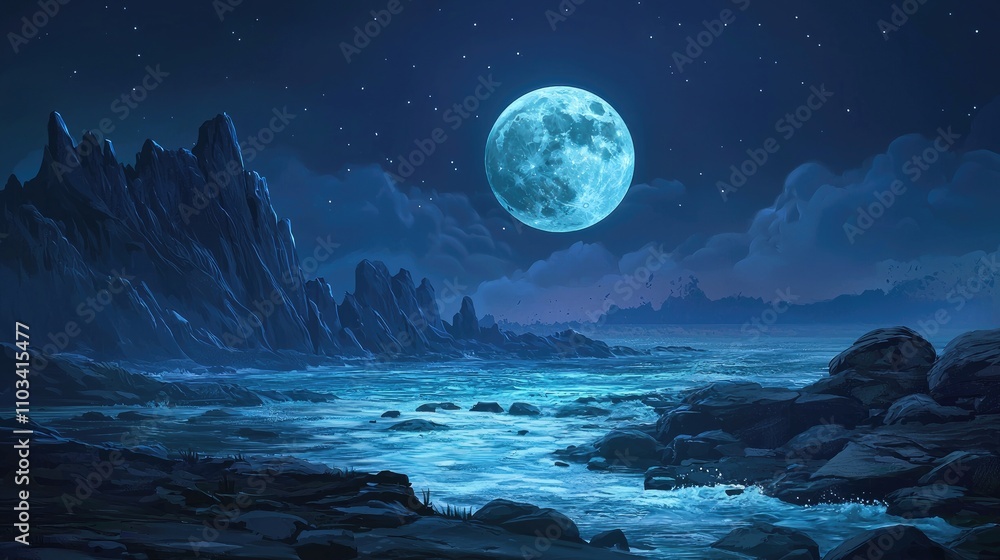 Fototapeta premium A full moon illuminates a rocky shoreline and calm sea under a starry sky.