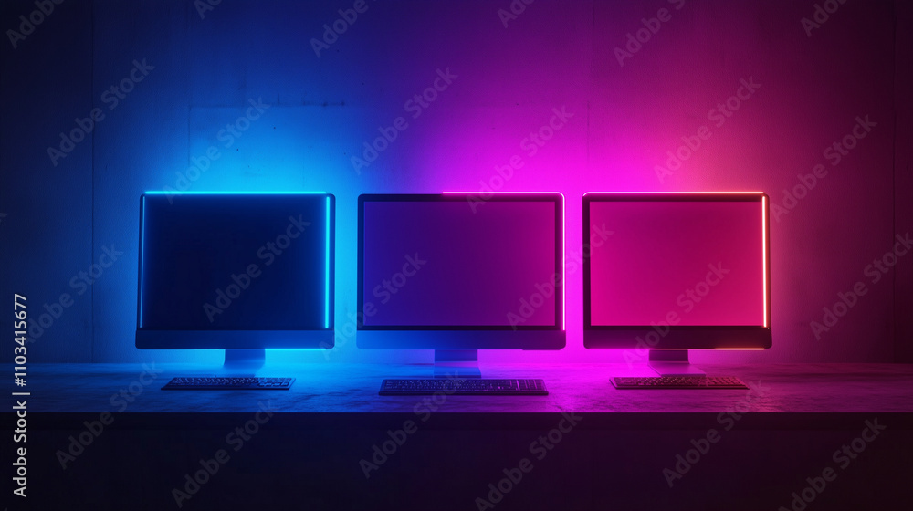 The monitor of computer in neon light background The monitor of computer in neon light background