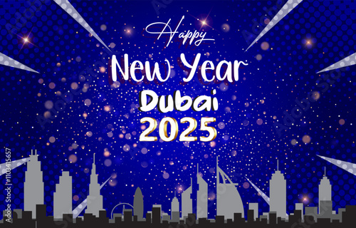 2025 happy dubai new year template banner with modern 3d text effect and beautiful sparkle luxury shiny ornament abstract gradient blue background design 06