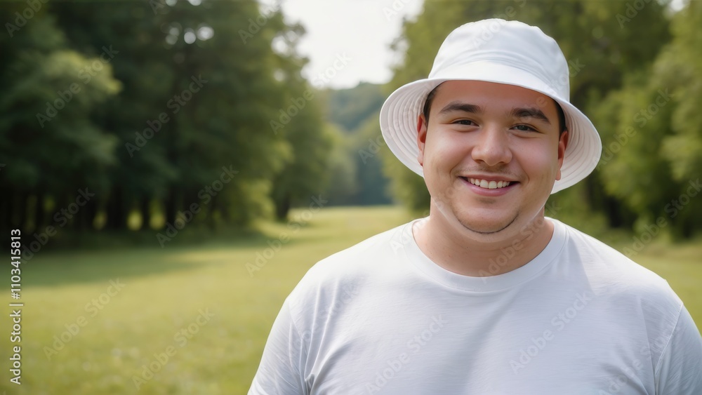 Plus size young man wearing white t-shirt and white bucket hat standing in nature Plus size young man wearing white t-shirt and white bucket hat standing in nature