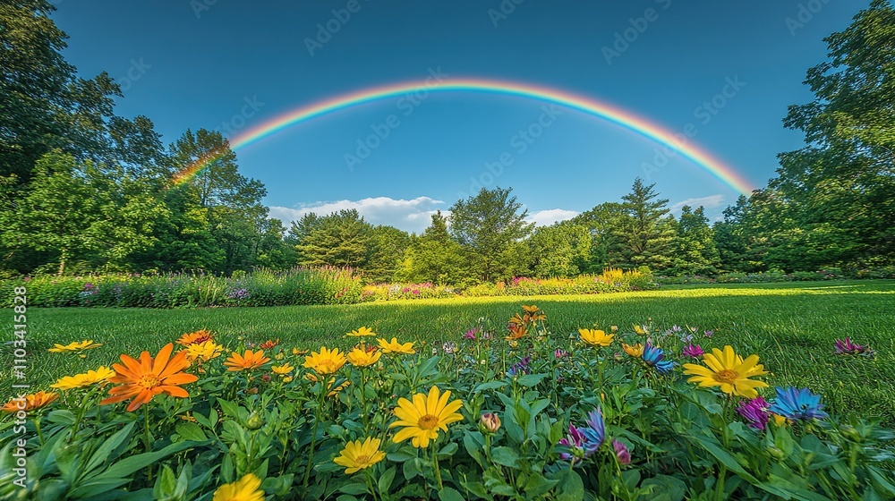 A vibrant landscape featuring colorful flowers and a rainbow arching over a lush garden. A vibrant landscape featuring colorful flowers and a rainbow arching over a lush garden.