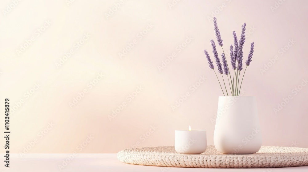 Minimalistic Lavender Arrangement in White Vase with Candle on Woven Mat Minimalistic Lavender Arrangement in White Vase with Candle on Woven Mat
