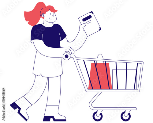Woman with a shopping cart buying a book