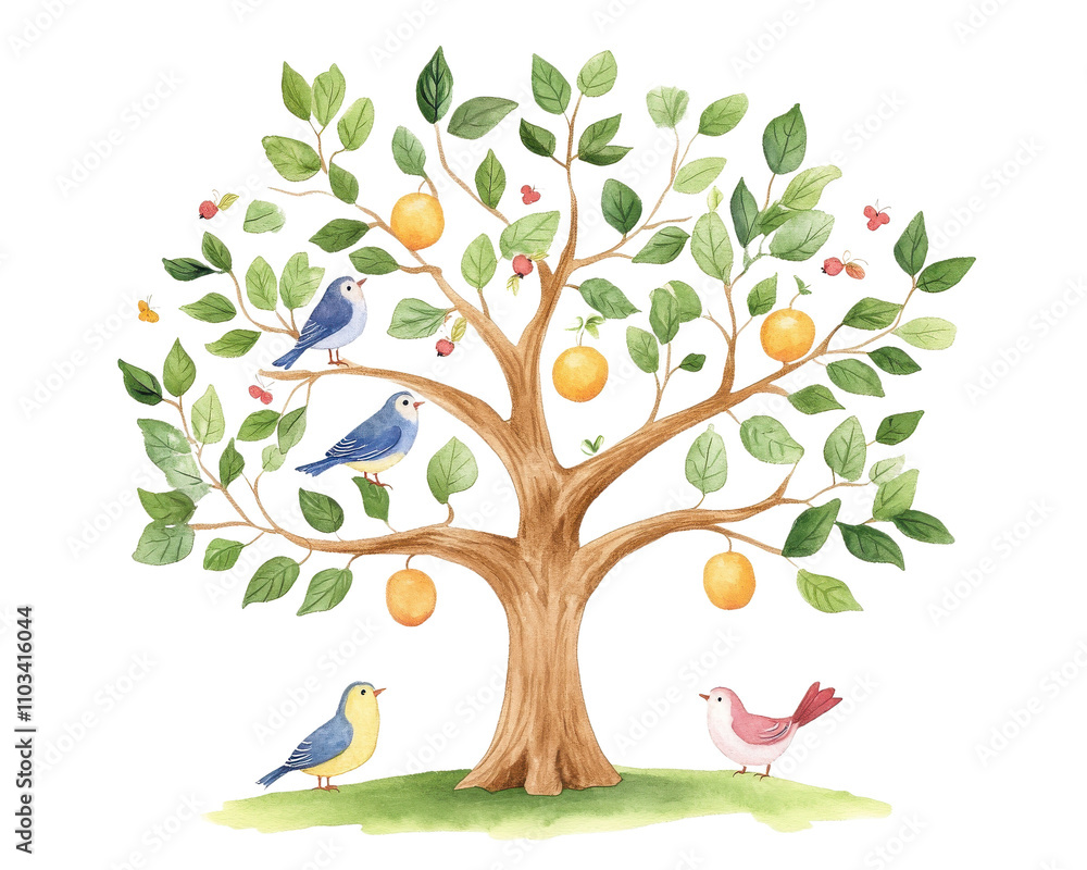 Colorful tree with birds and fruits on a white isolated background. Colorful tree with birds and fruits on a white isolated background.