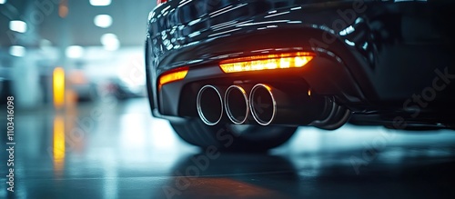 Close-up of a car's exhaust system showcasing three chrome tips and rear lighting.