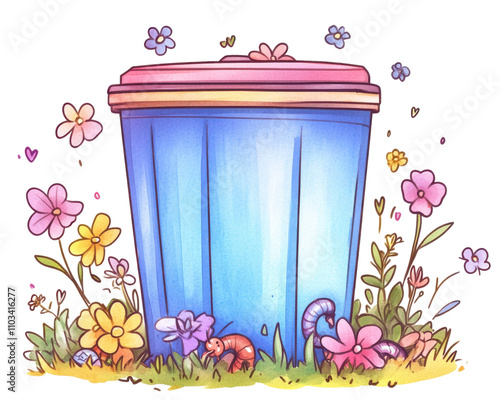 Colorful trash can surrounded by vibrant flowers, ideal for environmental themes. photo