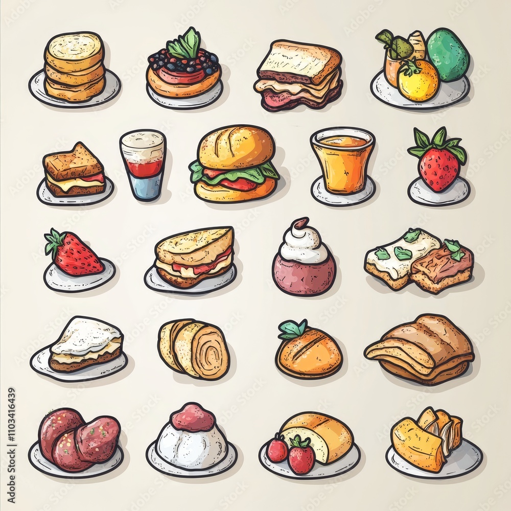 A colorful illustration of various delicious foods, including desserts, sandwiches, and fruits, all presented on plates. A colorful illustration of various delicious foods, including desserts, sandwiches, and fruits, all presented on plates.