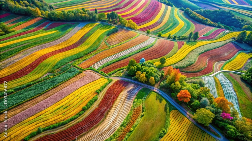Captivating Aerial View of Vibrant Colorful Stripes Creating Stunning Patterns Across Varied Landscapes, Perfect for Showcasing Nature's Artistry from Above Captivating Aerial View of Vibrant Colorful Stripes Creating Stunning Patterns Across Varied Landscapes, Perfect for Showcasing Nature's Artistry from Above