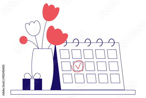 Calendar with the check mark marked on it, flowers and present