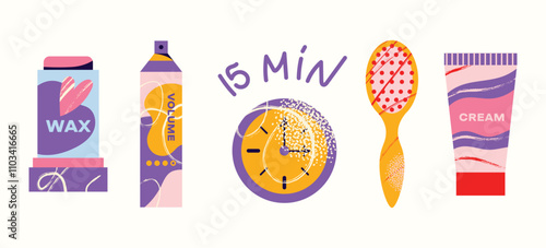 Set cosmetics hair care routine. Beauty care for curly girl method. Hair care bottle styling, cleansing, treatment for kinky hair. Doodle style. Vector illustration isolated on background