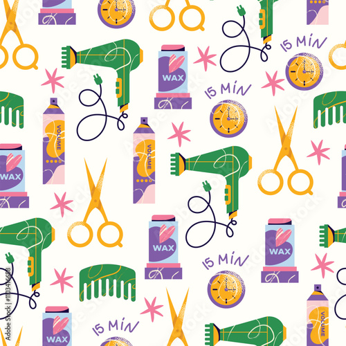 Seamless pattern cosmetics hair care routine. Beauty care for curly girl method. Hair care bottle styling, cleansing, treatment for kinky hair. Doodle style. Vector illustration isolated on background