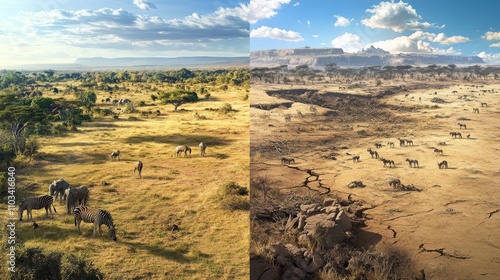 before after picture, A lush green savannah teeming with wildlife, same area turned into a dry, cracked desert with no vegetation, animals, 16:9 photo