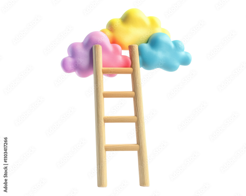 Colorful ladder reaching towards vibrant clouds, white isolated background. Colorful ladder reaching towards vibrant clouds, white isolated background.