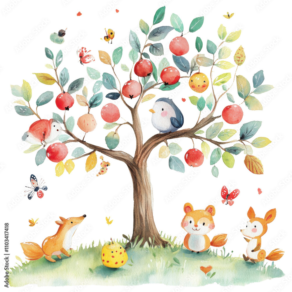 Colorful illustration of animals playing around a tree with apples and flowers. Colorful illustration of animals playing around a tree with apples and flowers.