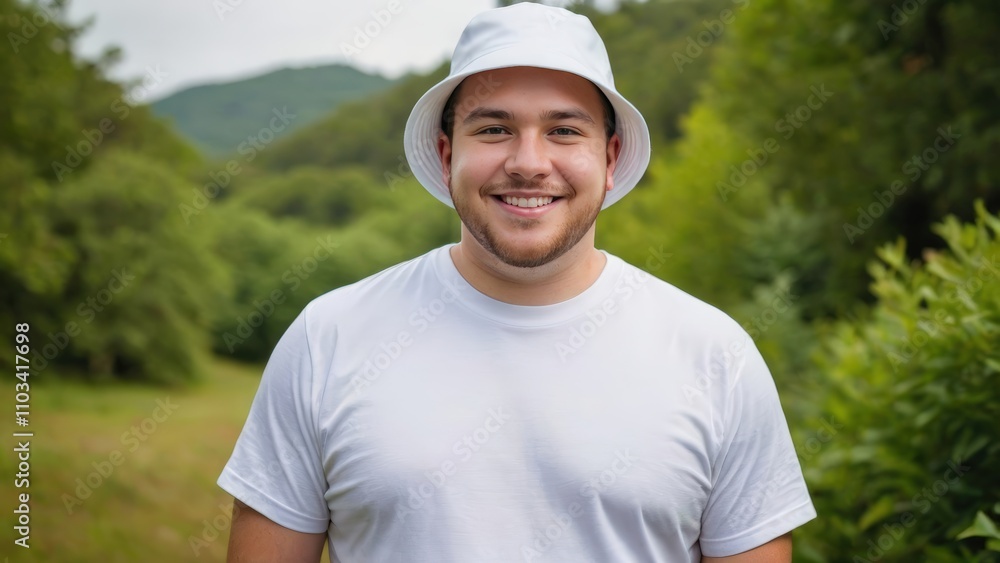 Plus size young man wearing white t-shirt and white bucket hat standing in nature Plus size young man wearing white t-shirt and white bucket hat standing in nature