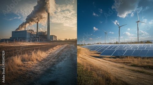 before after picture,  coal-powered power plant with dark smoke rising from chimneys,  The same site replaced with a solar farm and wind turbines under clear blue skies, 16:9 photo